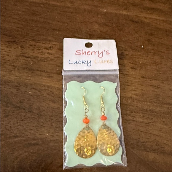 Gold and Orange fishing lure Earrings - Picture 2 of 4